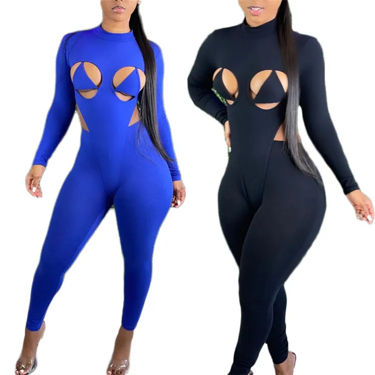 

Europe and America hot selling sexy nightclub long sleeve short jumpsuit solid color bodycon pant two piece set