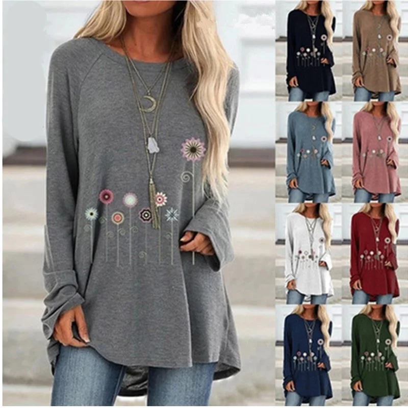 

Hot sale woman fall spring plus size casual round o neck fashion floral print top long-sleeved T-shirt home sleepwear sweatshirt