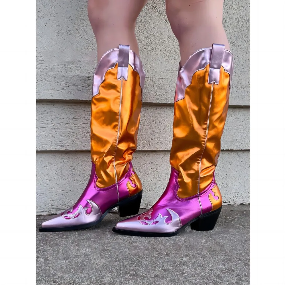 

BUSY GIRL XY4842 Metallic Gold Tall Boots Women Shoes 2023 Autumn Winter 6cm Block Heels Knee High Booties Women Cowboy Boots