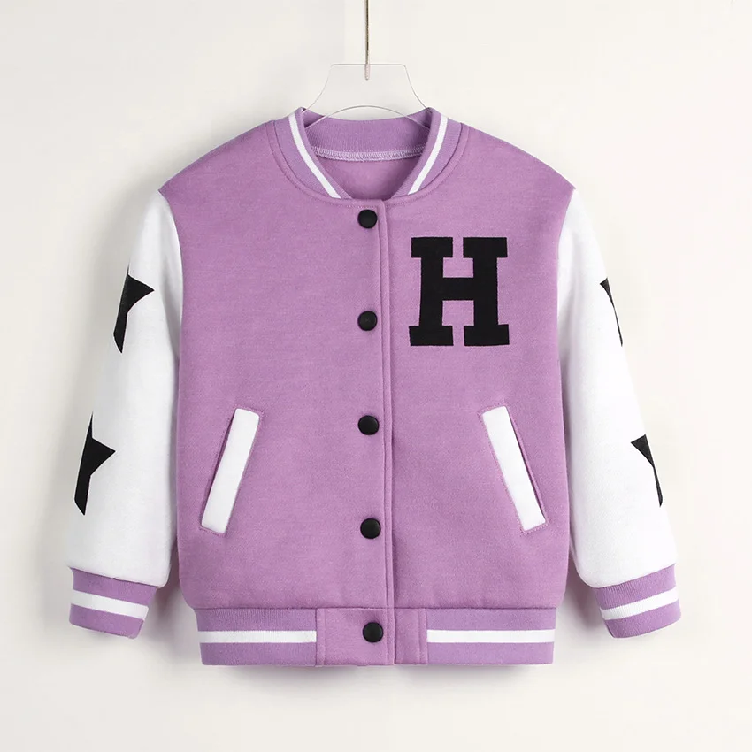 

OUDINA Fashion Children Winter Letter Print Velvet Thick Girls Boys Coat Varsity Baseball Kids Jackets, Purple/green