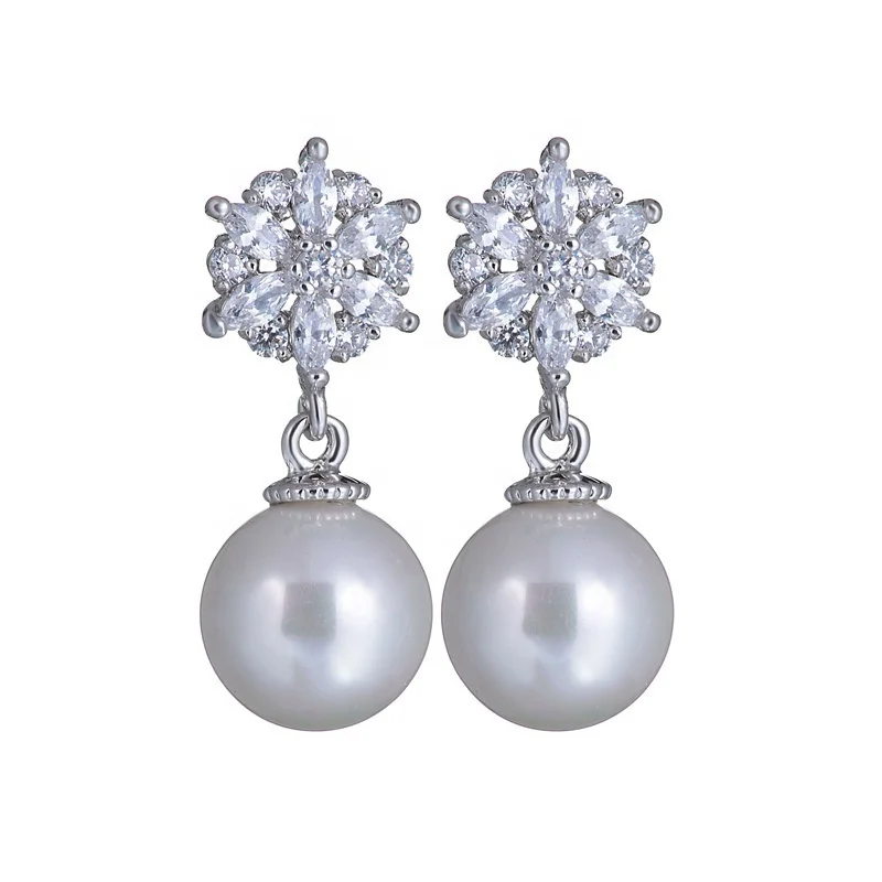 

2020 Xmas Gift Jewelry Fashion Copper Alloy Jewelry Women Snowflake Freshwater Pearl Earring, White, red