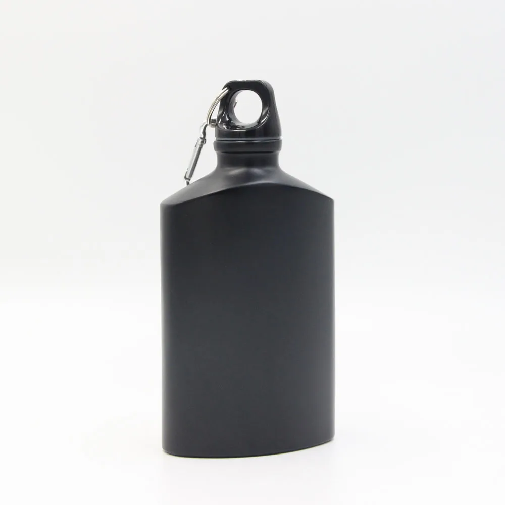 

WLA002-500 ready to ship 500ml black bpa free drink bottle flat aluminum water bottle with carabiner hook, Customized color acceptable