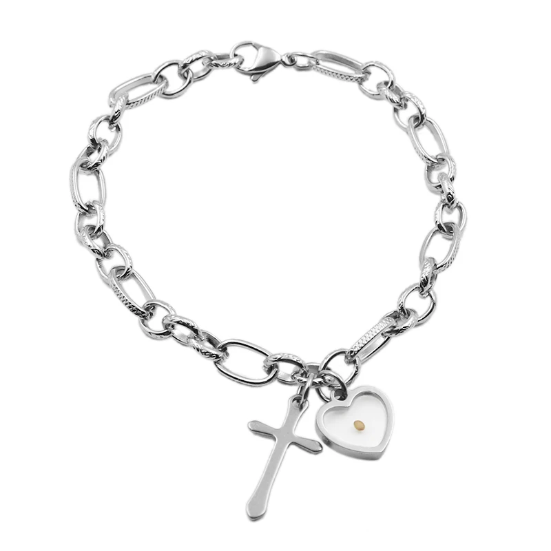 

Fashion Mustard seed bracelet bangle stainless steel chain cross charm bracelets women christian Jewelry Gift, Silver color