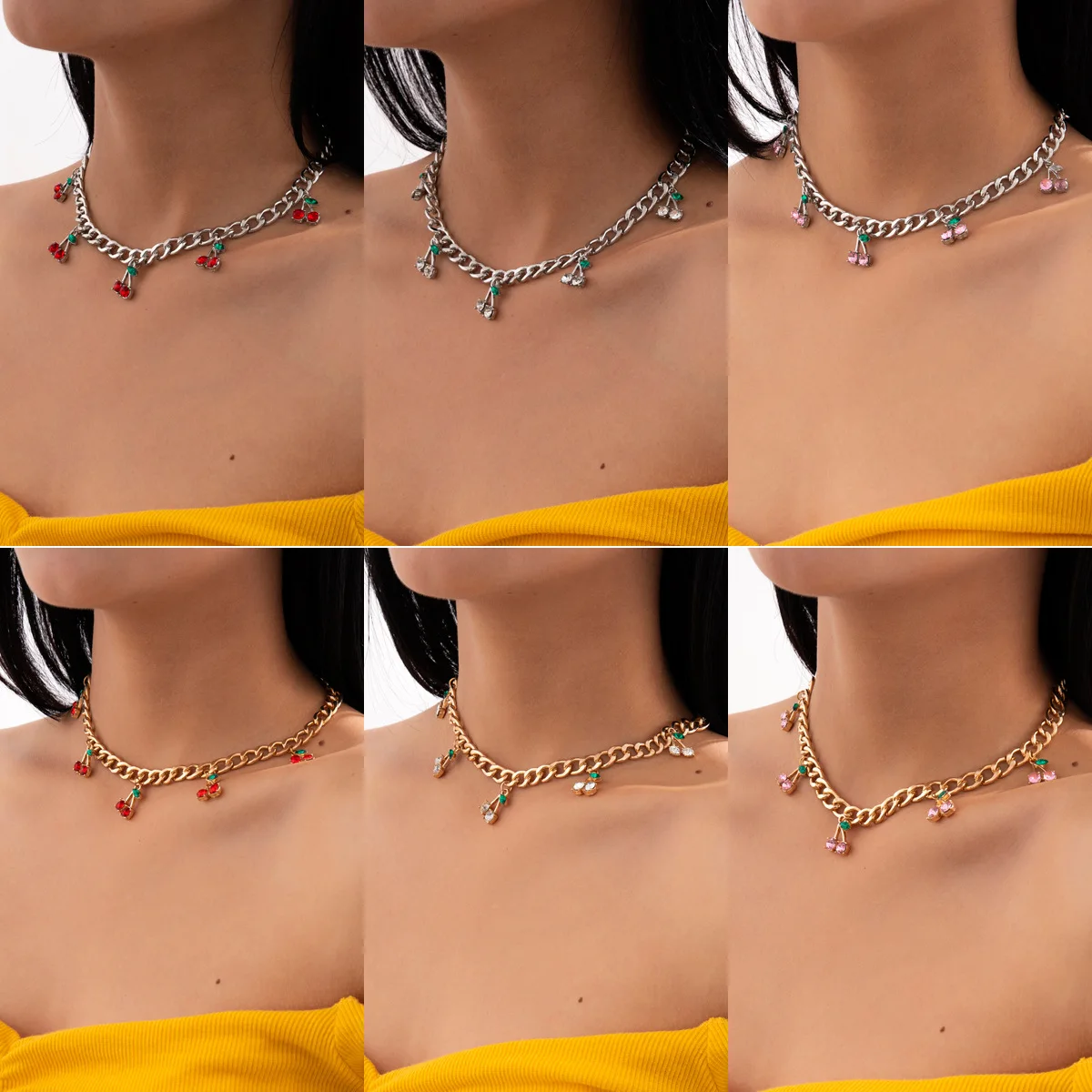 

Hot Selling Gold and Silver Plating Crystal Cherry Pendant Choker Necklace and Bracelet Jewelry for Women, Gold plated