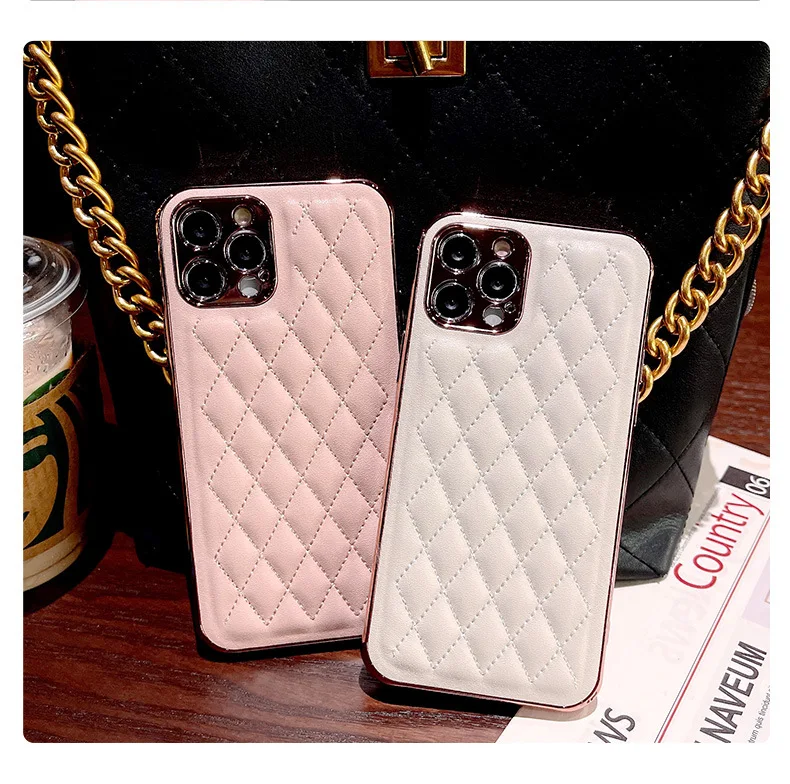 

Luxury Grid Pattern Electroplate Plating Premium Leather Phone Case Handyhulle for iPhone 12 Pro Max Case for iPhone Case Etui