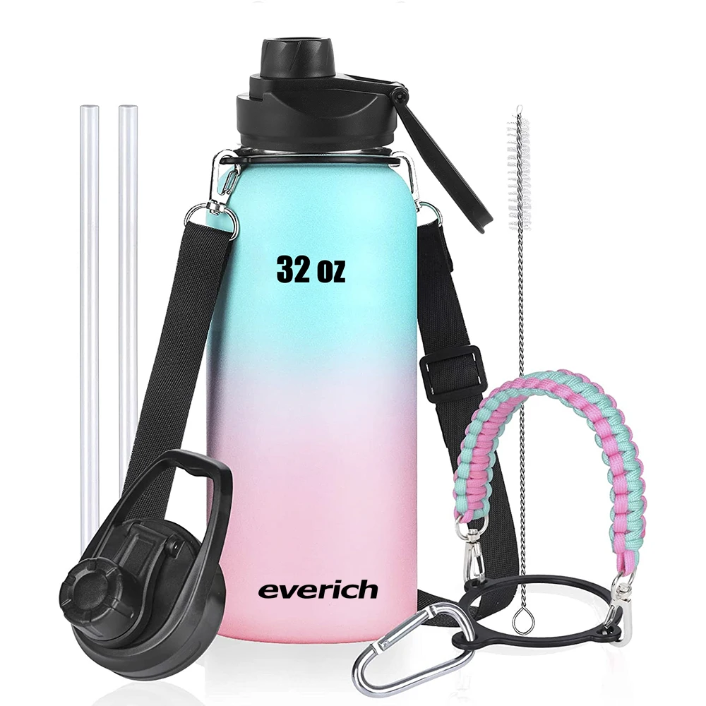 

Everich Design 3 in 1 Straw Lid 32 oz Stainless Steel Insulated Double Wall Flask Sports Water Bottles