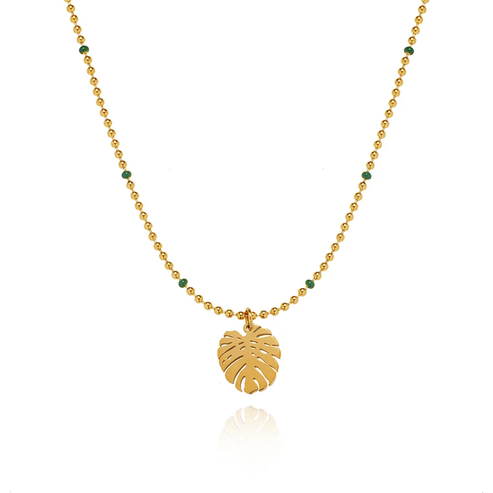 Simple 18K Gold Plated Dainty Bead String Stainless Steel Fern Hollow Leaf Pendant Necklace Tarnish-Free Fashion Beaded Necklace