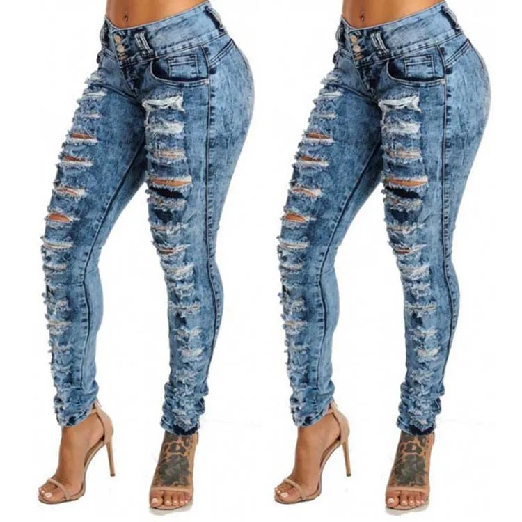 

Amazon INS New Style Women Skinny Pencil Jean Breasted Hole Cut Out Denim Trousers Daily Casual Pants, Blue