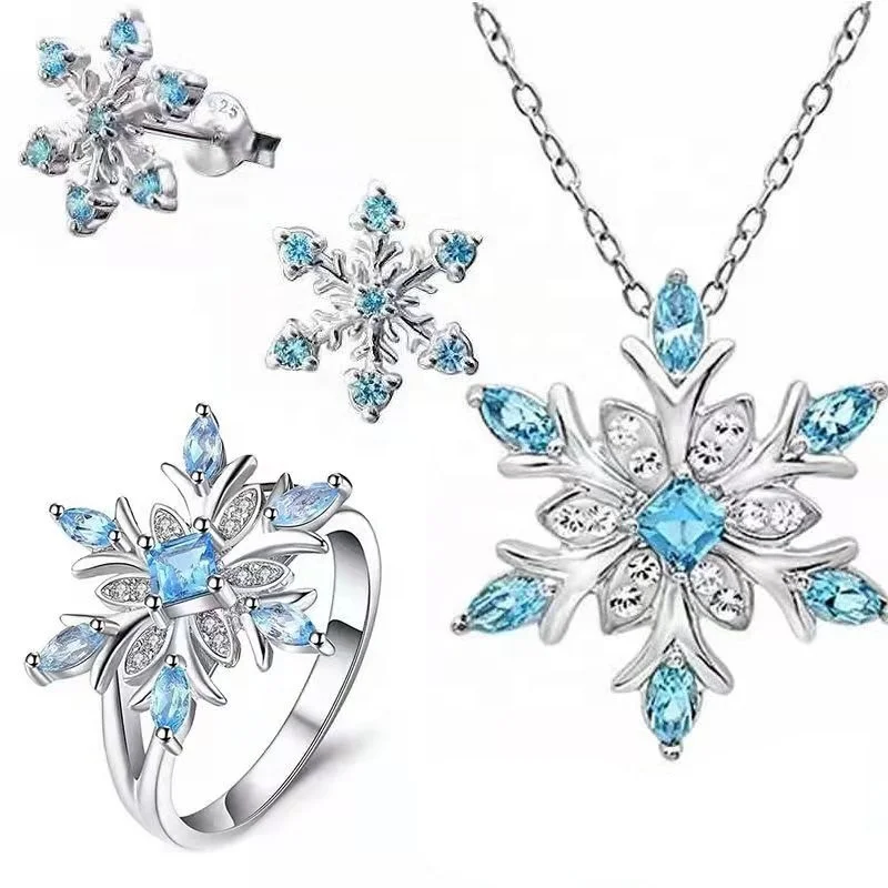 

Fashionable 4 in 1 Christmas Winter Elegant Sterling Snowflake Earrings Necklace Inset Blue Cubic Zirconia Stones Jewelry Sets