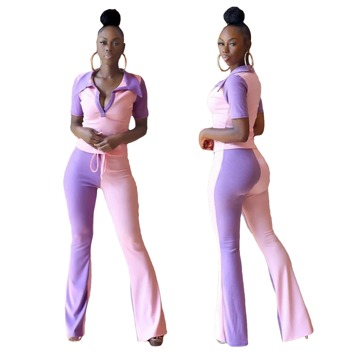 

2021 New Arrivals Fashion Women Turn-down Collar Short Sleeve Crop Flared Pants 2 Pieces Set Color Patchwork Tracksuit, Picture show