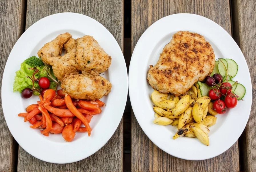 Two-plate presentation of grilled lemon pepper chicken and fish with colorful vegetable sides