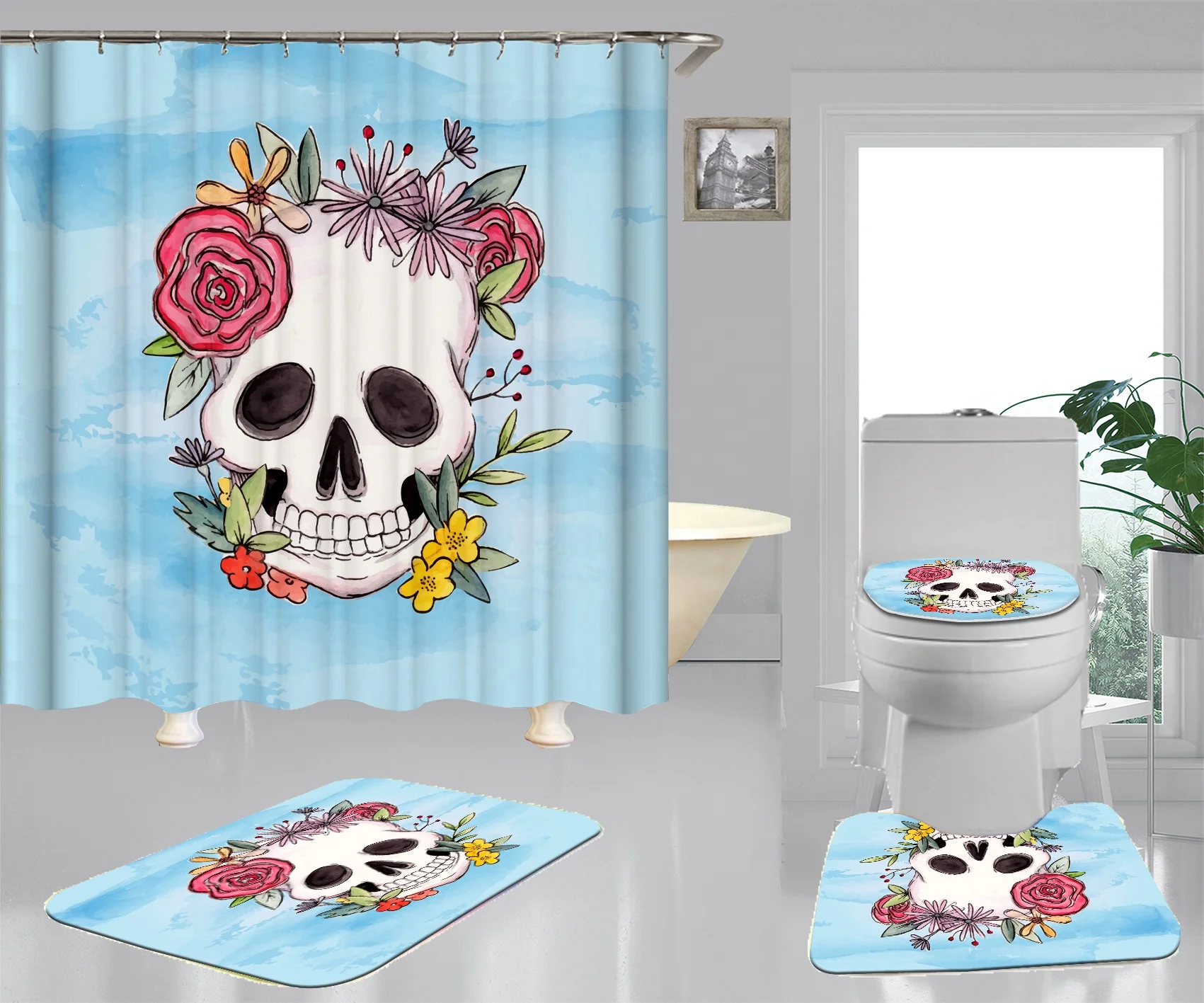 

Custom Skeleton Rose Design Shower Curtains Skeleton rose Sugar Shower Curtain set Bath Set with Hooks and Rugs, Custom-made