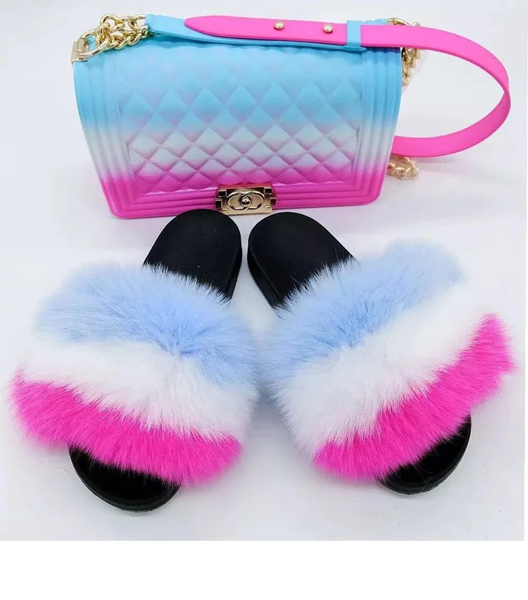 

Wholesale Faux Fox Fluffy Furry Fur Slide For Ladies, Handbag Fashion Colourful Rubber Sandals Shoe Set Slipper, Can be customised