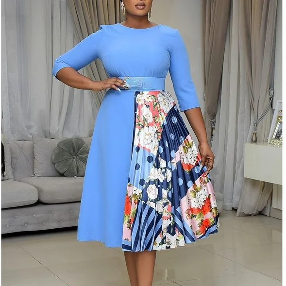 

Summer Elegant Pleated Patchwork Printed Women Office Career Dress