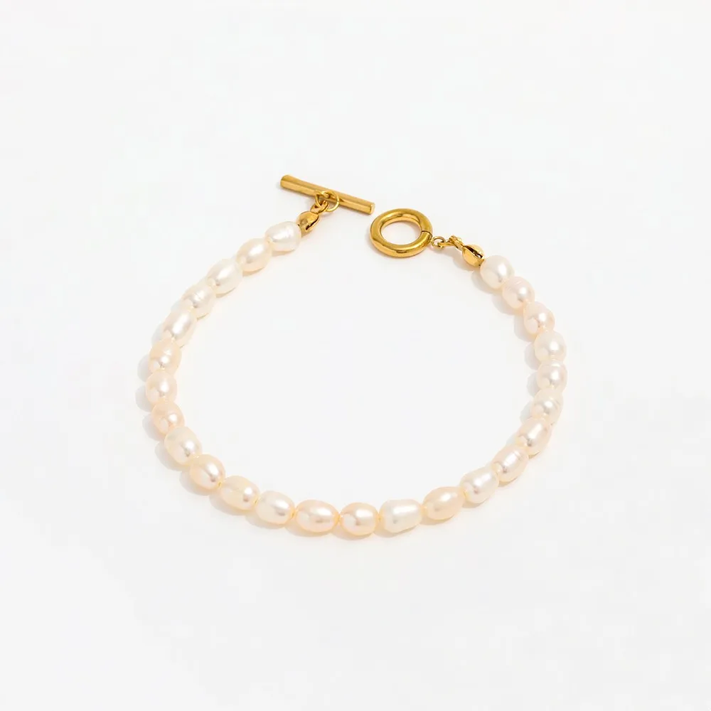 

Joolim Jewelry Wholesale 18K Gold Plated High End Freshwater Pearl Toggle Bracelet Stainless Steel Jewelry