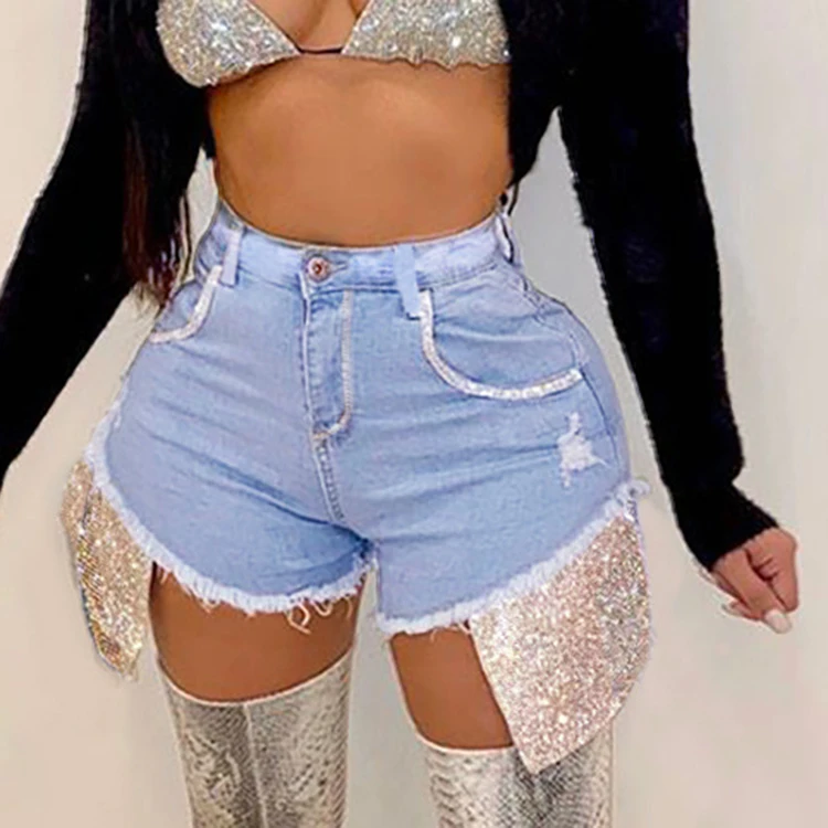 

Summer Women Distressed Tassel Short Jeans Pants For Woman Street Wear Clothing Sequined Patch Denim Trousers Shorts, Black,deep blue,light blue