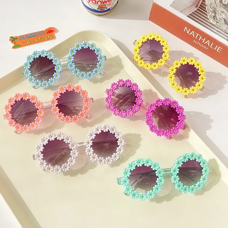 

New Sun Flower Children's Sunglasses Cute Baby Comfortable Bright Sunglasses Round Frame Flower Petal Glasses, As picture