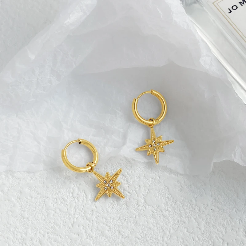

Vershal A900 Chic 14k Gold Plated Stainless Steel Inlaid CZ Star Dangle Hoop Earrings Jewelry