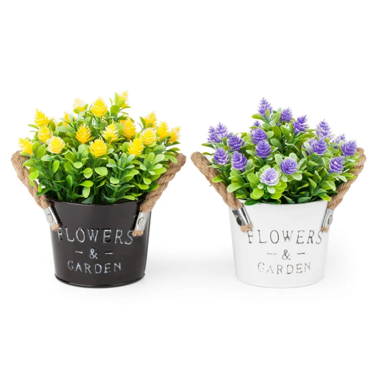 

Amazon Best seller Set of 2 Portable Artificial Plastic Mini Plants Faux Flower in Metal Pot, Customized