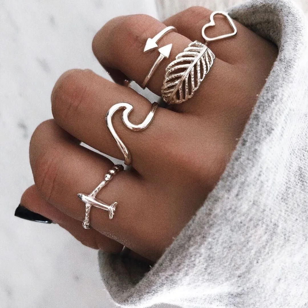 

5pcs set Leaf Heart Wave Airplane Rings Set For Women Silver Alloy Midi Knuckle Rings Boho Jewelry, As picture show