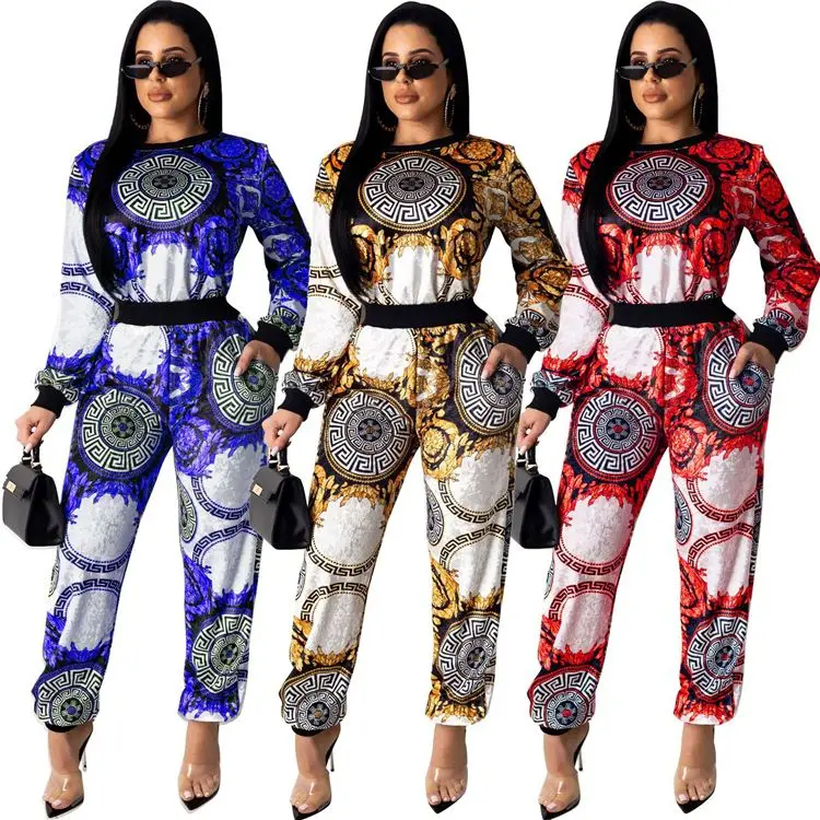 

1219M059 wholesale price beautiful flower printed long sleeve 2 piece sets High Womens Fashion Two Piece Set Women Clothing
