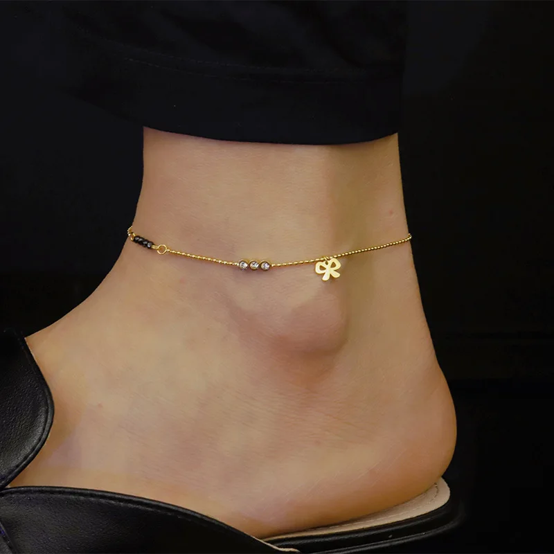 

18k Gold Plated Stainless Steel Bow Three Diamonds Anklet For Teen Girls Women Adjustable Chain Anklet