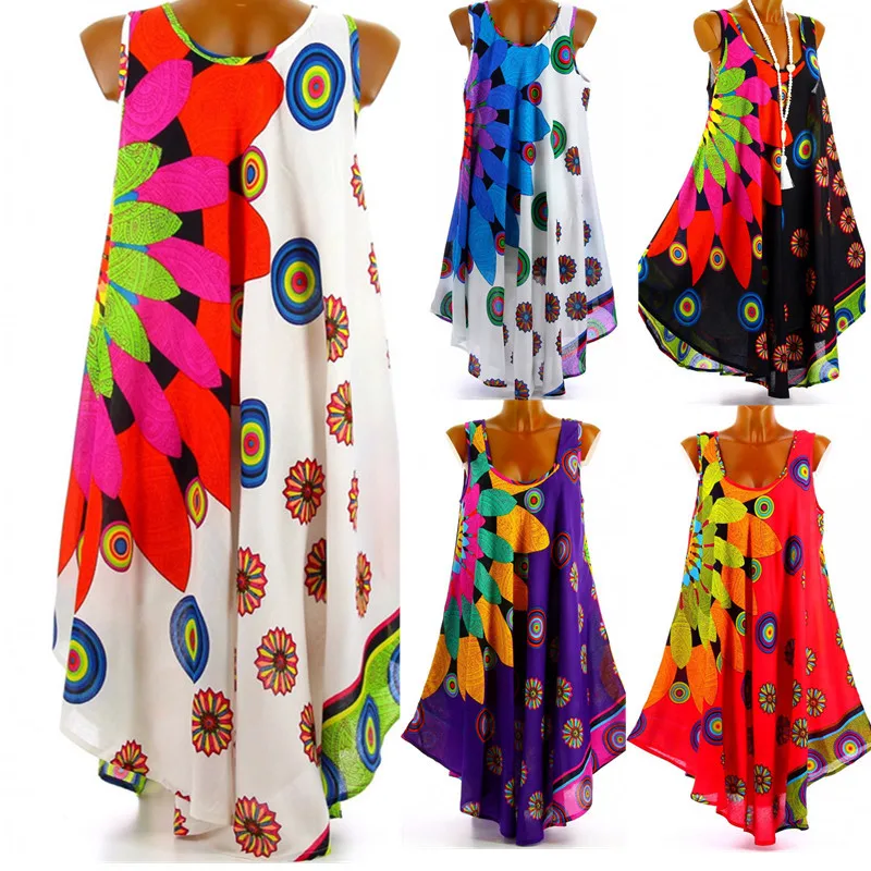 

Boho Summer african Styl Printed Beach Dress Cami Beach Ankle-length Party Dresses Holiday Women Dress, As picture shows