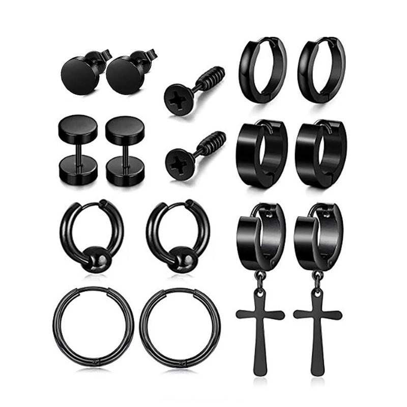 

8 Pairs Punk Black Multiple Styles Stainless Steel Stud Earrings For Men and Women Gothic Street Pop Hip Hop Ear Jewelry