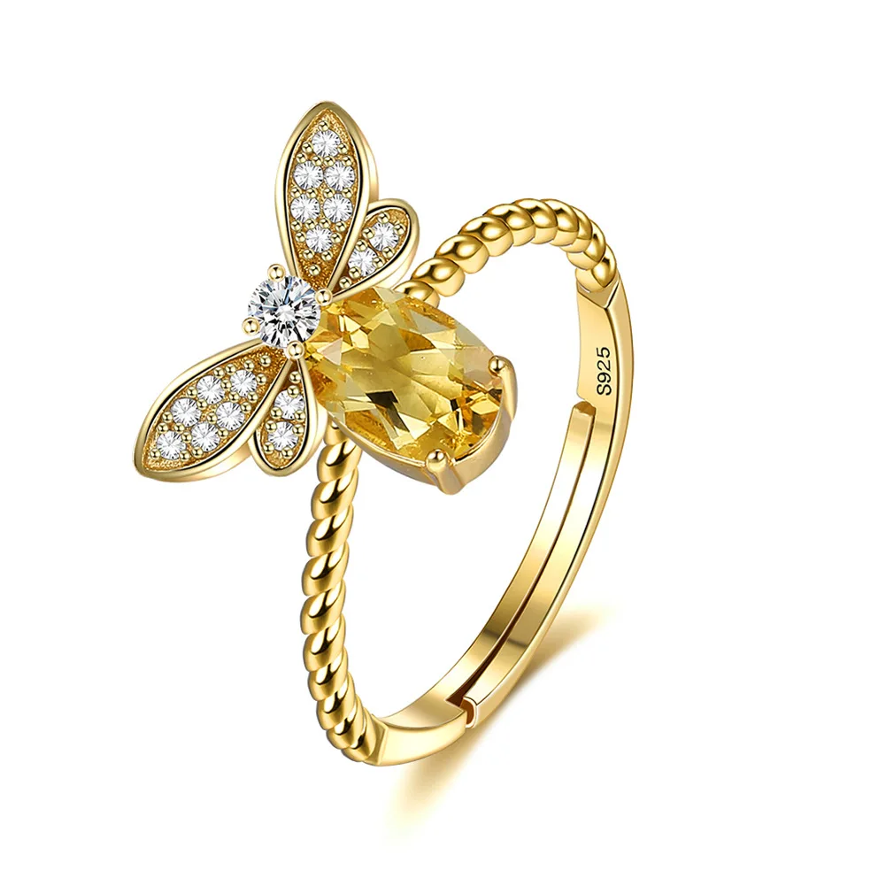 

XIXIA Wholesale Fashion Fine Jewelry 925 Sterling Silver Citrine Geometric Cute Honey Bee Adjustabe Rings for Women, Gold plated