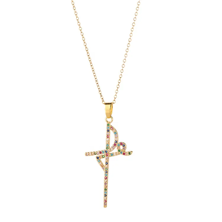 

Custom Gold Plated Brass Multi-color Zircon Religious Cross Shape Pendant Necklace
