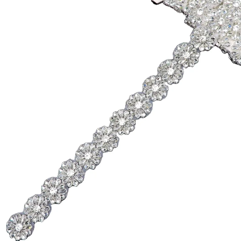 

Hot Sale Flower Custom Bling Crystal Applique by Yard Iron on Hot Fix Rhinestone Appliques Trim DIY for Bridal Belt