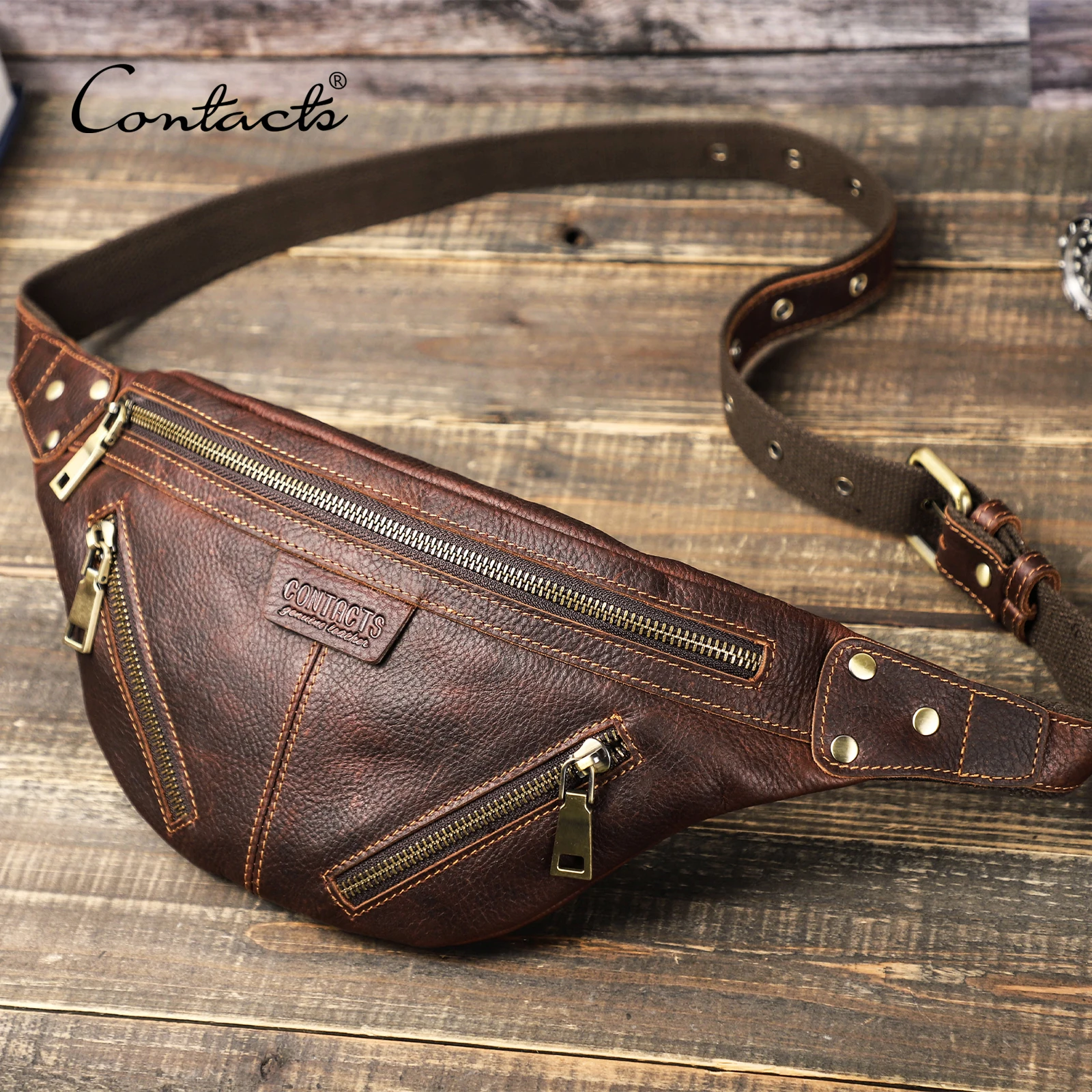 

Contact's Vintage 6 Pockets Outdoor Sports Waist bag Italian Handcrafted Genuine Leather Bum Bag Travel Funny Pack for iPad 8.3, Coffee or customized