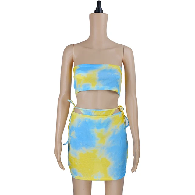 

Sexy Tie Dye Printed Summer Sleeveless Strapless Backless Three Pieces Skirt Sets Women Clothing 2021 Beach Wear -YS, Yellow