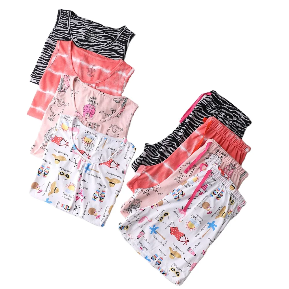 

Wholesale cute snimal cartoon print round neck sleeveless 2 piece loungewear set women custom package pajama, Picture shows