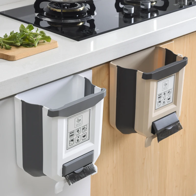 

adjustable dustbin can Hanging on the cabinet door kitchen floding trash bin put on counter trash storage box