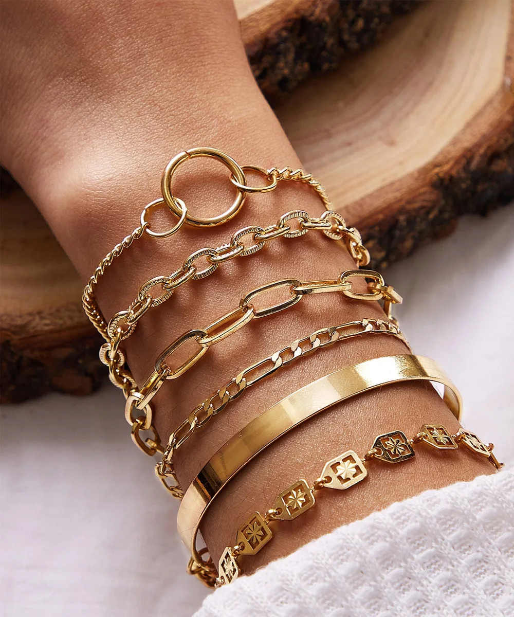 

6pcs/set Classic Multilayer Gold Chain Bracelet Women Fashion Jewelry Accessories 2021 Hot Selling Charms Bracelets Bangles, Gold/silver color