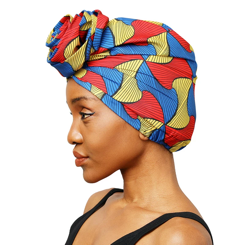 

Wholesale African Pattern Flower Satin Lined Turban Headscarf Pre-Tied Knotted Women Hair Accessories