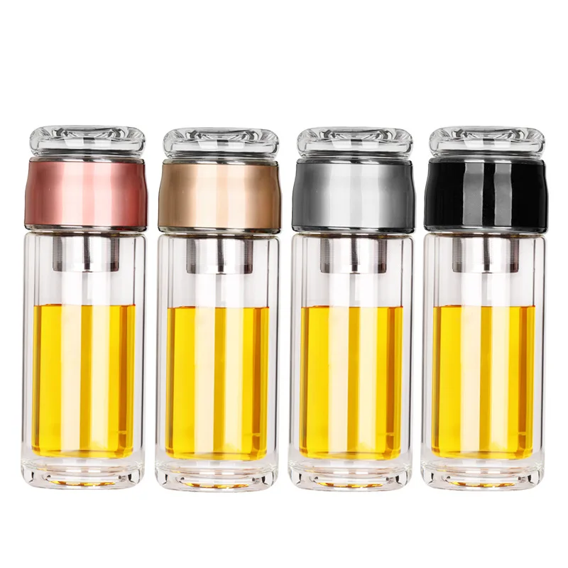 

New Design Separating Tea Bottle Double Wall Drinking Glass Tea Infuser Water Bottle, Gold, black, silver and red