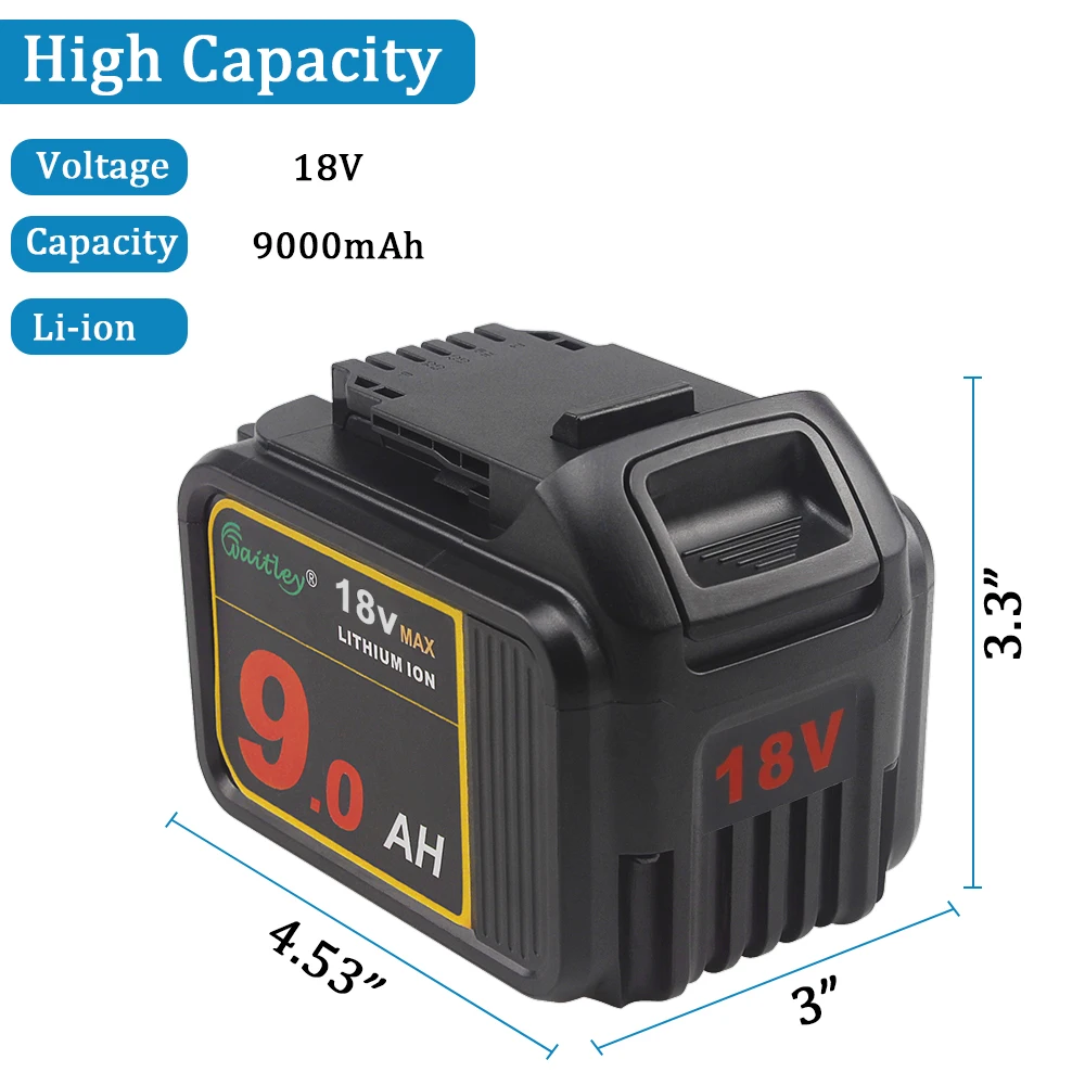 
Waitlely 20V/18v 9.0ah DCB200 DCB184 Replace Battery with LED Indicator Compatible with Dewalt 20V DCB206 DCB204 Cordless Tools 