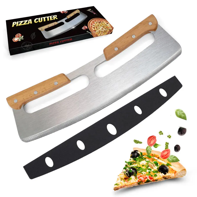 

KingForce 2021 amazon kitchen mezzaluna cover blade mezzaluna chopper knife pizza cutter slicer knife with double wooden handle