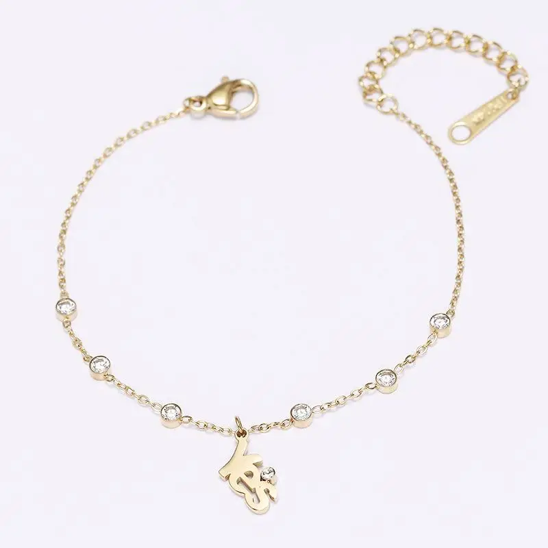

Multiple Bezel Setting Zircon Gold Plated Stainless Steel Yes Shaped Pendant Adjustable Chain Bracelet