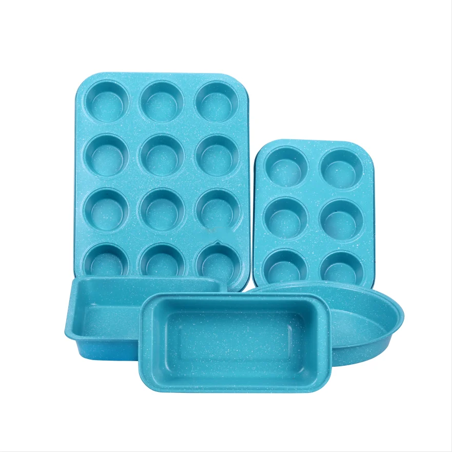 

Hot sales Blue Carbon Steel cake bakeware Pan sets Loaf Pan Muffin Square And Pizza Pans