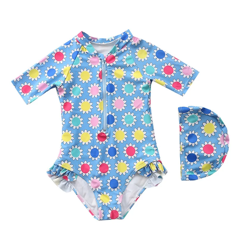 

A# Baby girl summer bikini print fashion short sleeve zipper one piece swimwear toddler bathing suit with swimming hat, All your favorite colors