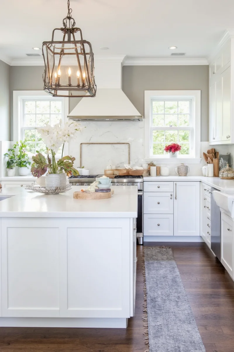 Kitchen with kids' art on grey walls