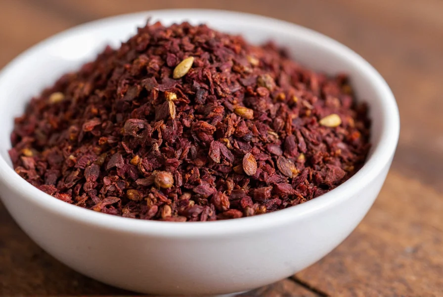 Close-up photograph of authentic Urfa pepper flakes showing deep burgundy color against white ceramic bowl