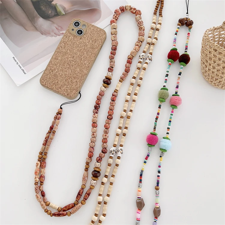 

2022 Wholesale New Trendy Long Beaded Mobile Phone Chain Straps Wood Acrylic Crossbody Cell Phone Lanyard Strap for Neck