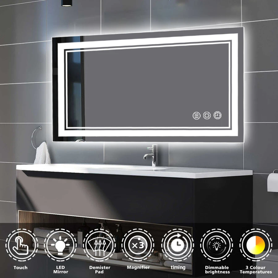 

Modern Home Frameless Rectangle 3 color dimming Backlit LED ETL Lighted Bathroom Mirror Anti fog Decorative Bath Wall Mirror