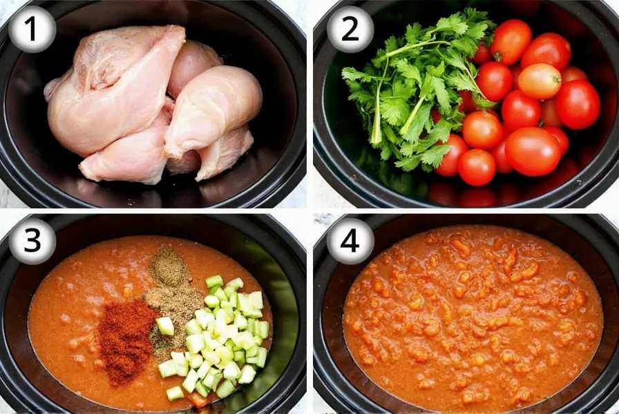 Step-by-step preparation of chicken chili ingredients in crock pot with fresh vegetables and spices arranged neatly