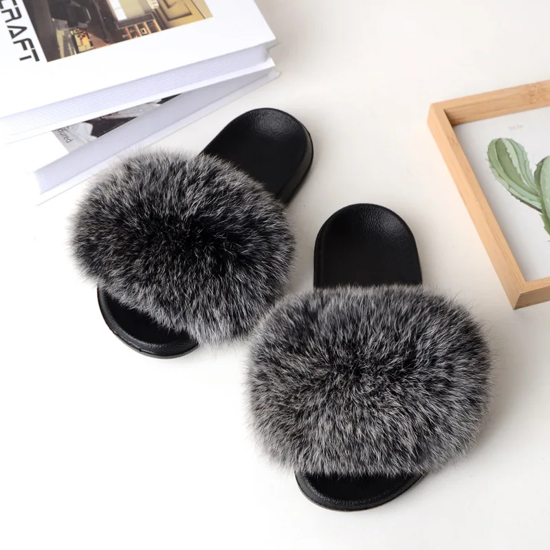 

Women Summer Casual Fluffy Slippers With Fur Flat Non-Slip Real Fox Fur Furry Slides Large Size Shoes Fur Sandals Free Shipping