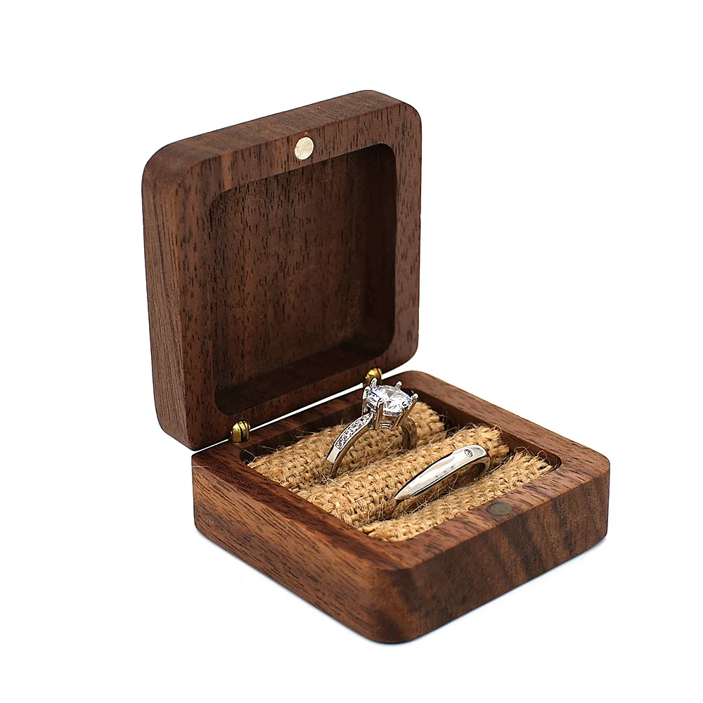 

Jewelry Travel Organizer Walnut Wood Square Double Inner Ring Organizer Engagement Wooden Ring Box